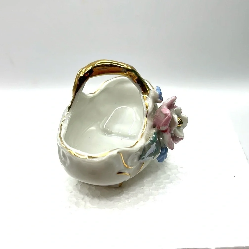 Pink and Blue Floral Porcelain Basket Gold Tone Mini